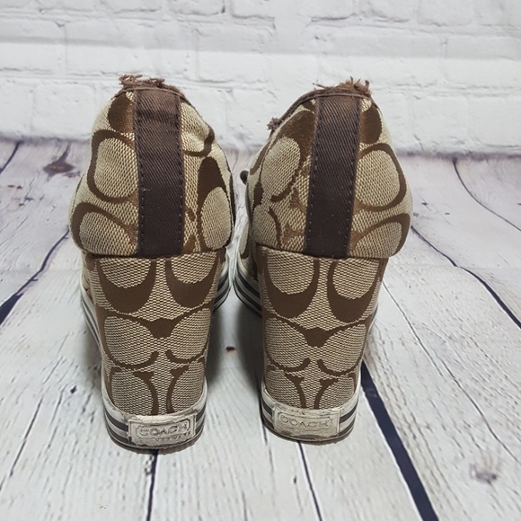 Coach Brown Logo Jacquard Wedges 5.5 Bow Shoes - Picture 5 of 6